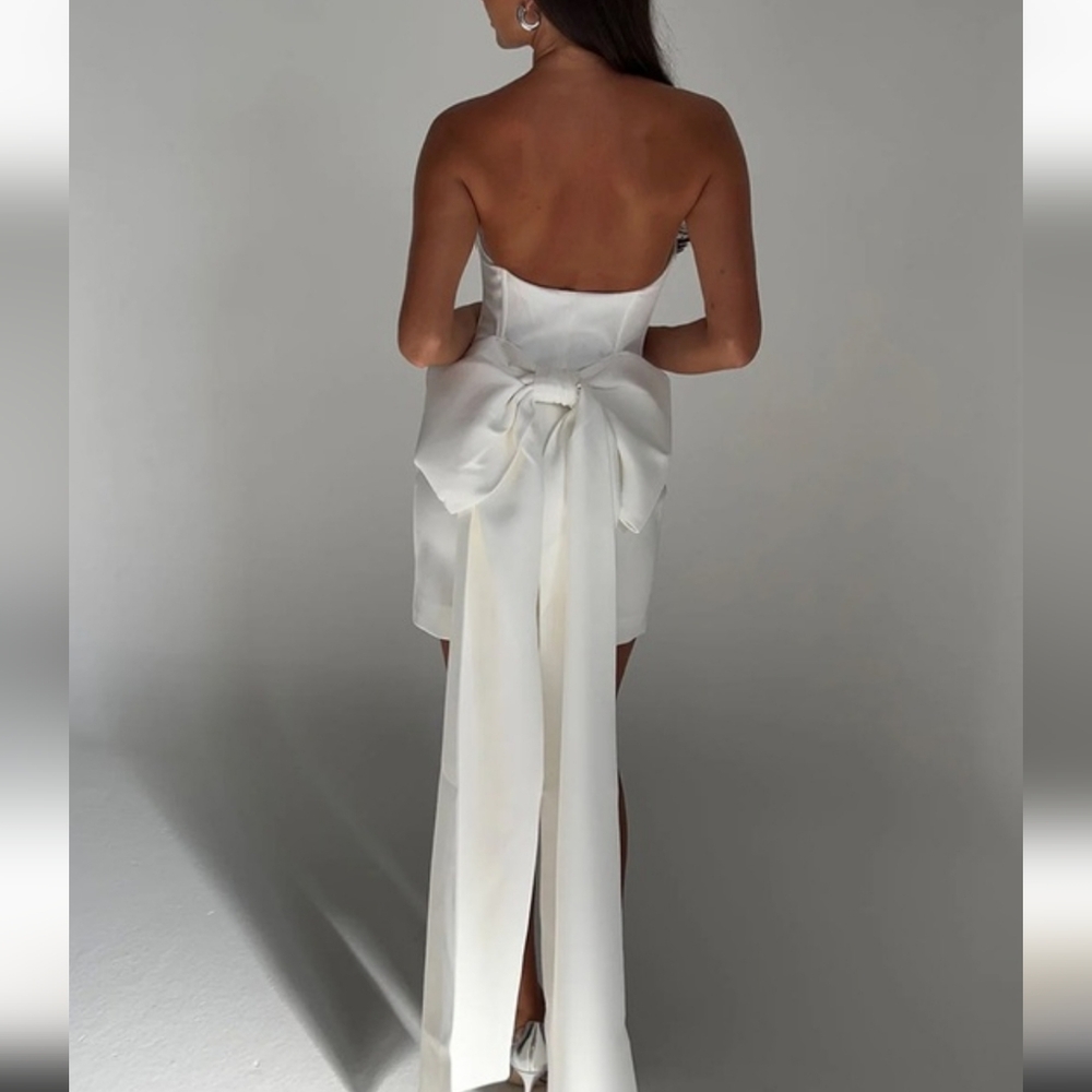 Meshki Strapless White Mini Dress with Dramatic Bow